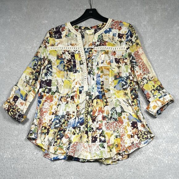 Maeve Anthropologie Blouse 10 Floral Abella Pintuck  Roll Tab Sleeve Crochet - Picture 1 of 12